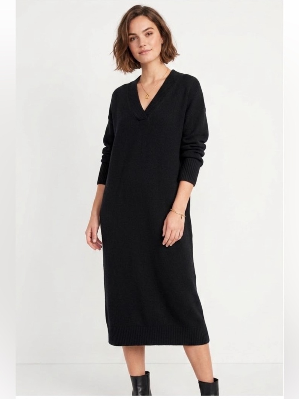 KIT AND ACE Black V-neck Sweater Midi Dress Merino wool Blend Large Minimalist